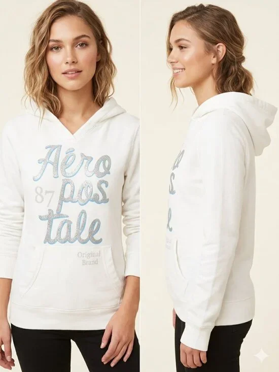 Aeropostale White Pullover Hoodie Sweatshirt with Pocket - Size Medium - Picture 1 of 6